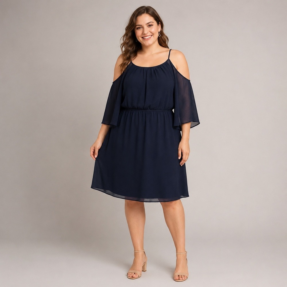 Emma & Michele Navy Blue Cold Shoulder Chiffon Cocktail Party Dress Size 14